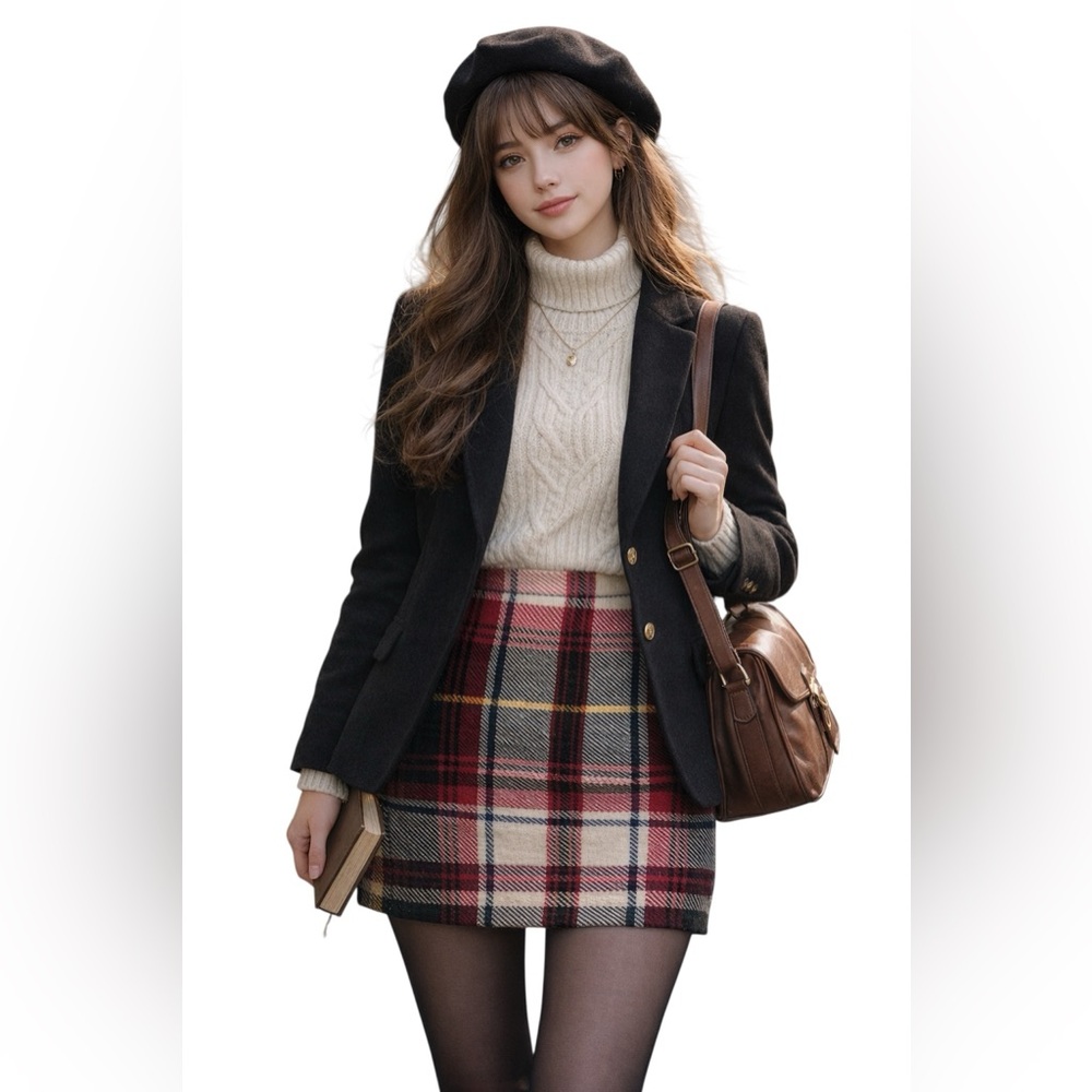 J. Crew Wool Tartan Mini Skirt - Red, Black, Cream Size 8 Y2K academia preppy